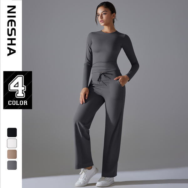 New nude skin-friendly long-sleeved yoga clothes high-intensity fitness clothes pocket running sports drawstring wide-leg pants set