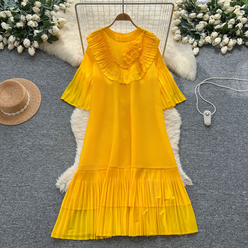 European and american niche style heavy beaded 3d floral flared sleeve dress - women's loose fit slimming a-line pleated maxi dress