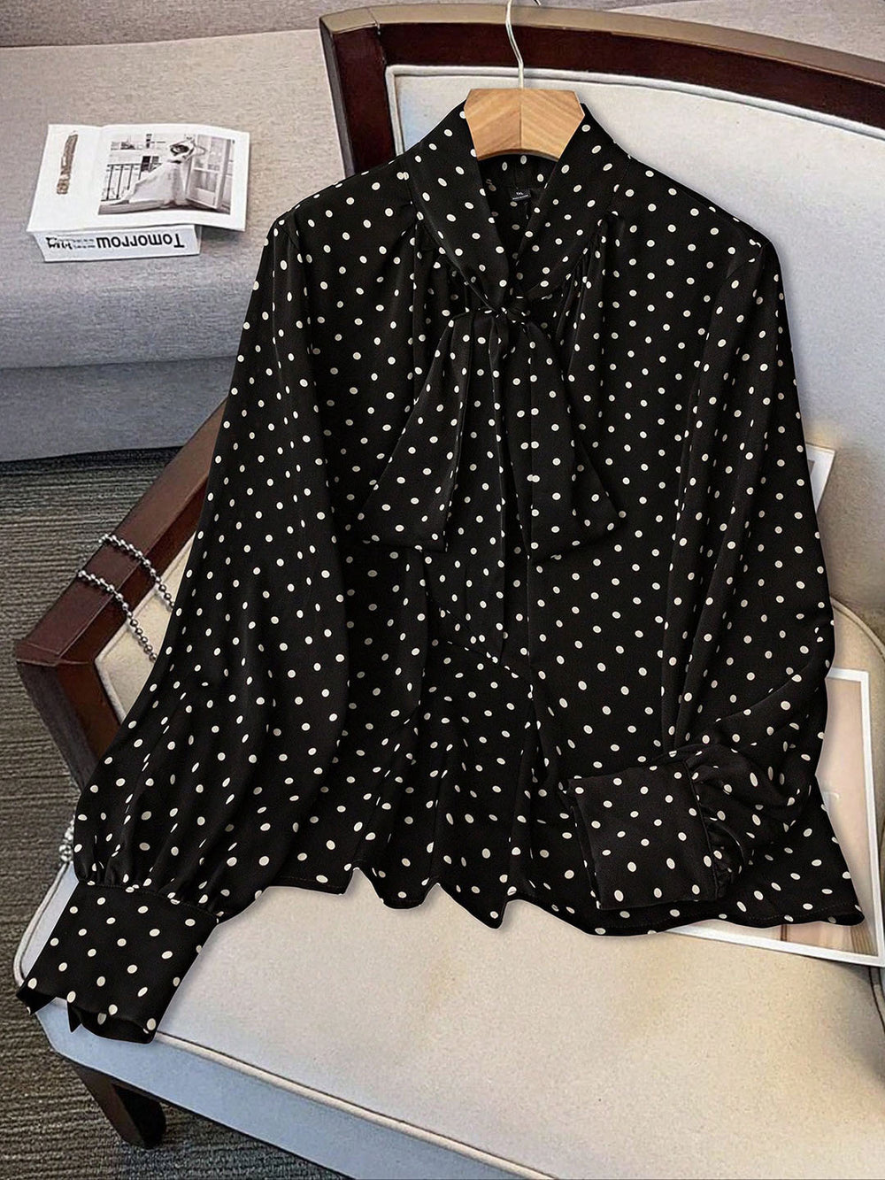 plus size retro polka dot ribbon tie blouse - bow collar, bubble sleeves, tummy control, versatile chiffon shirt