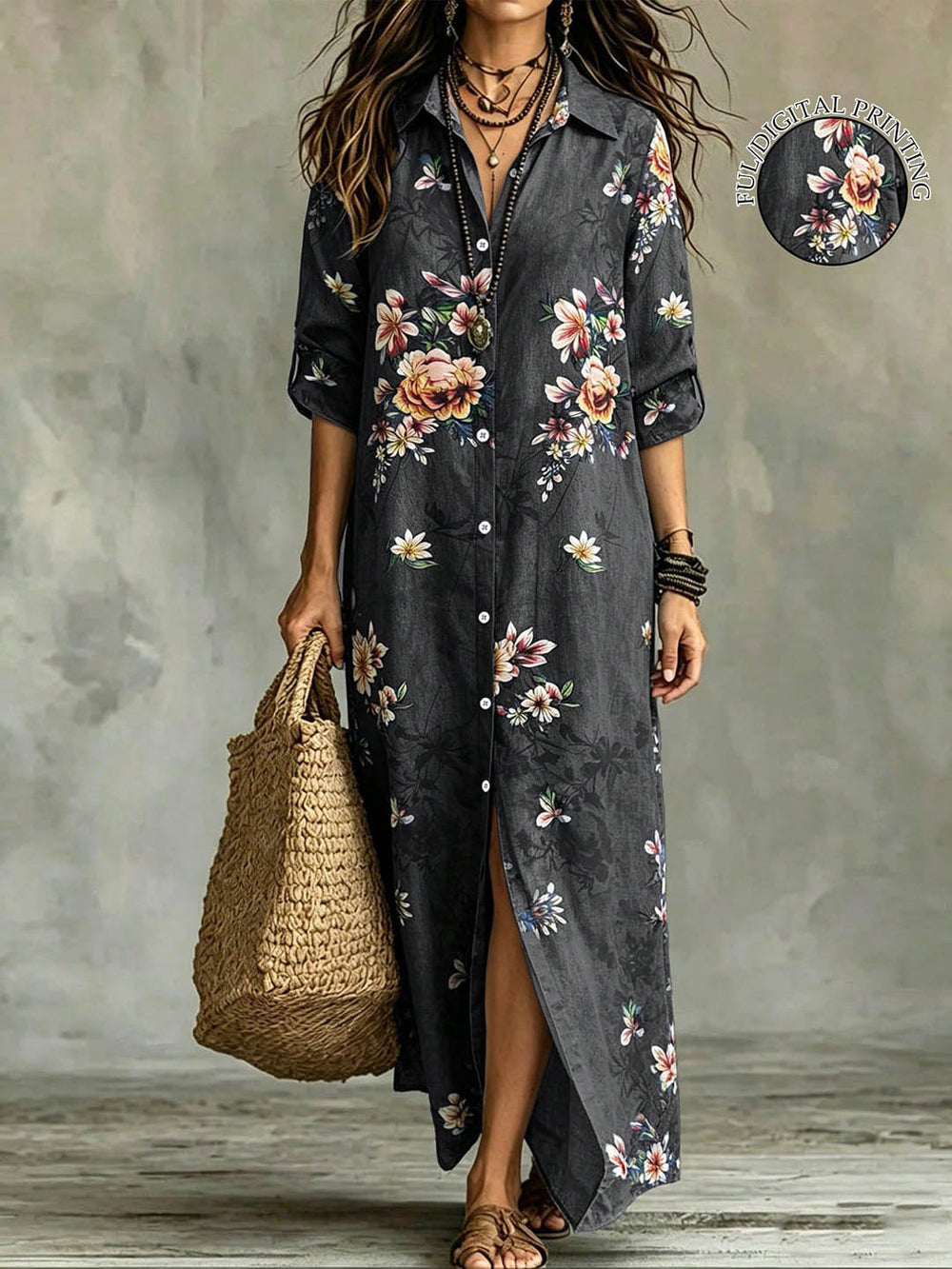 Plus size women's floral print maxi dress - denim-look fabric, turn-down collar, open front, loose fit, casual beach dress - wholesale available