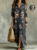 Plus size women's floral print maxi dress - denim-look fabric, turn-down collar, open front, loose fit, casual beach dress - wholesale available