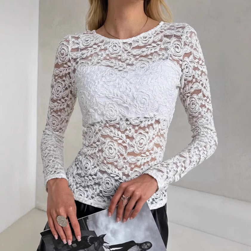 Cross-border European and American fashion white knitted lace T-shirt women's spring inner pullover round neck long-sleeved bottoming shirt women's clothing