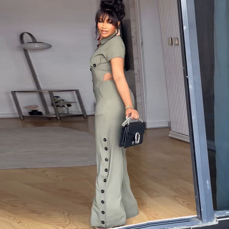 European and american style women's fall  new collection: sweet turn-down collar single-breasted short-sleeve blouse and high-waisted straight-leg pants two-piece set