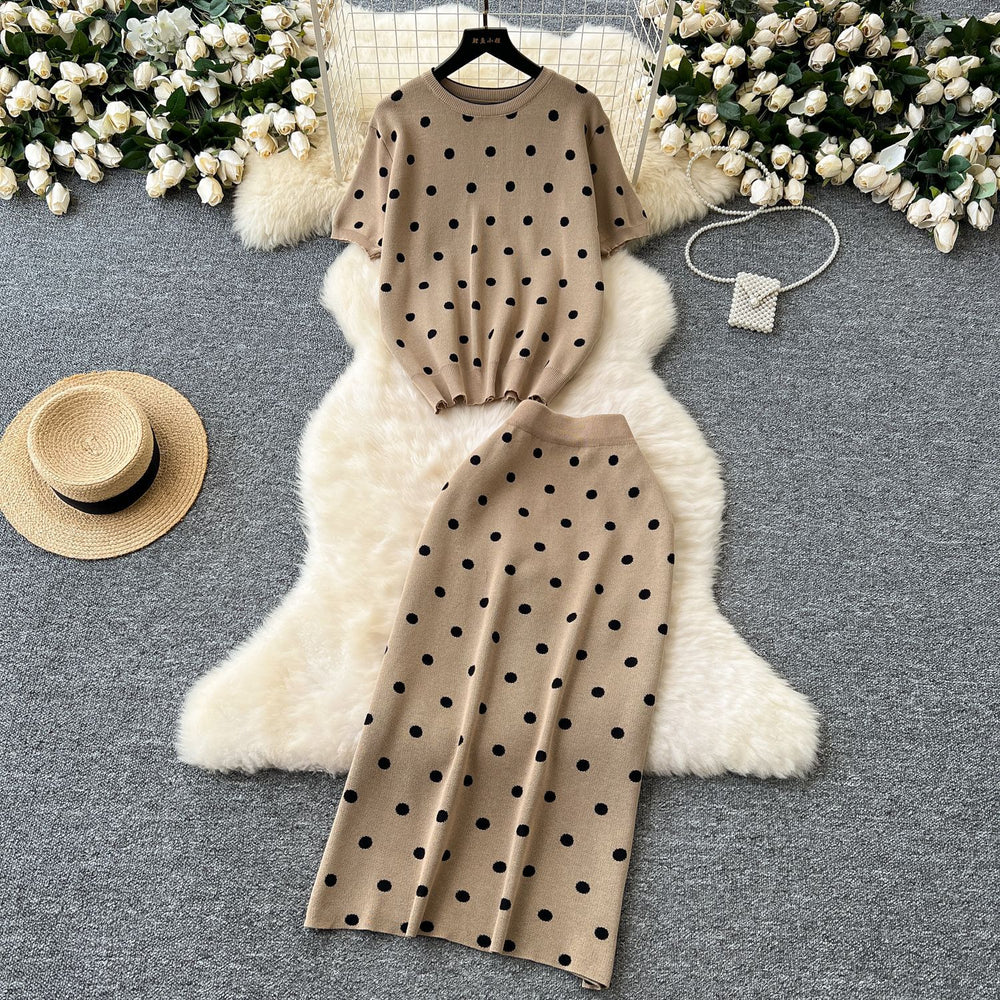 Knitted women's two-piece set:  new arrival, soft & chic style, round neck short sleeve polka dot top with high-waisted slim fit midi skirt
