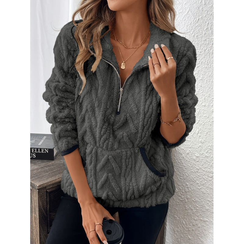 Spot  wish  supply 2025 autumn and winter fashion short contrasting color half-open neck plush women's sweater