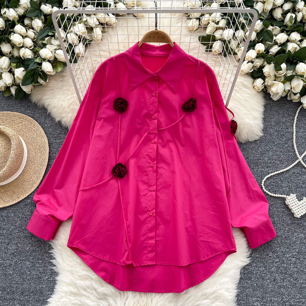 Frenchniche stylesense of designstereoflowersshirtfemaleautumlooseslimming lookfashionable age reduction chicaccessible luxurytops
