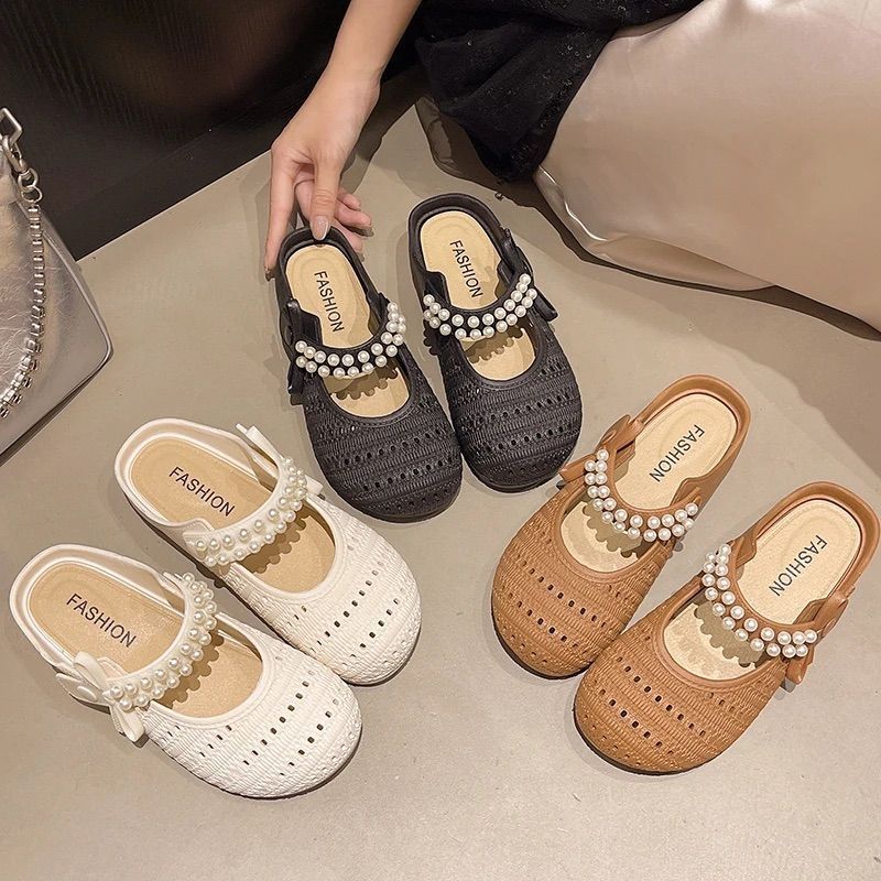 Can't shake off cut outsummer pearl toe slippers knittingfashion half slippers lazy one-leg flat toe shoes