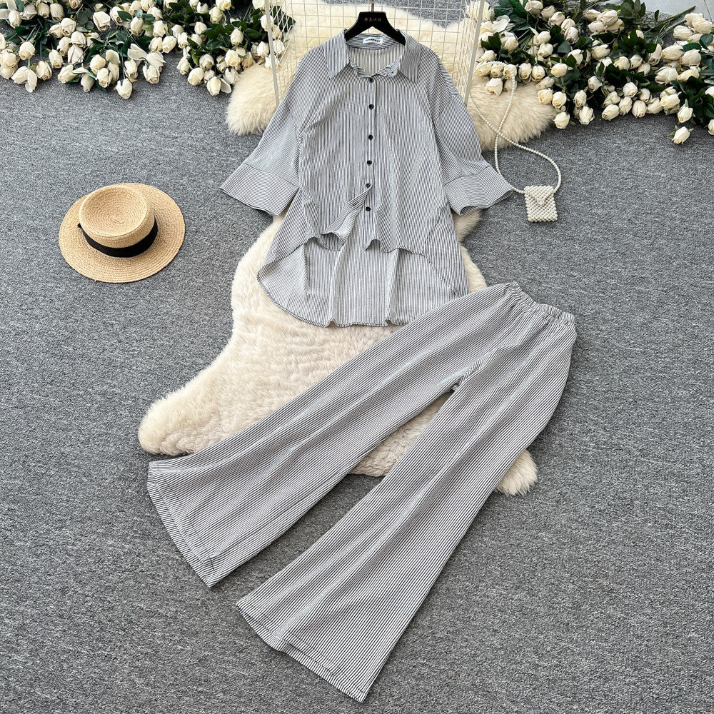 Lazy style stripesshirtloose pantstwo-piece set female summer lapel casualcasualelegantsuitsense of design