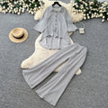 Lazy style stripesshirtloose pantstwo-piece set female summer lapel casualcasualelegantsuitsense of design