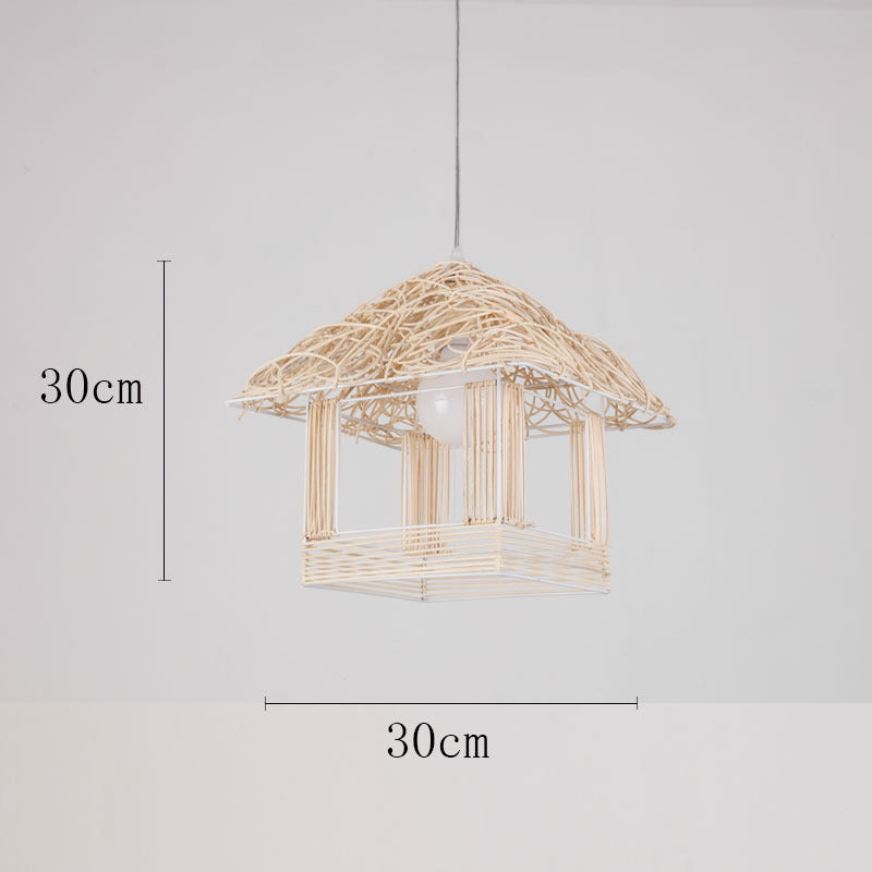 Vintage rattan straw hat chandelier rattan art round bird's nest Chinese pastoral hotel restaurant agritainment bed and breakfast straw hat lamp