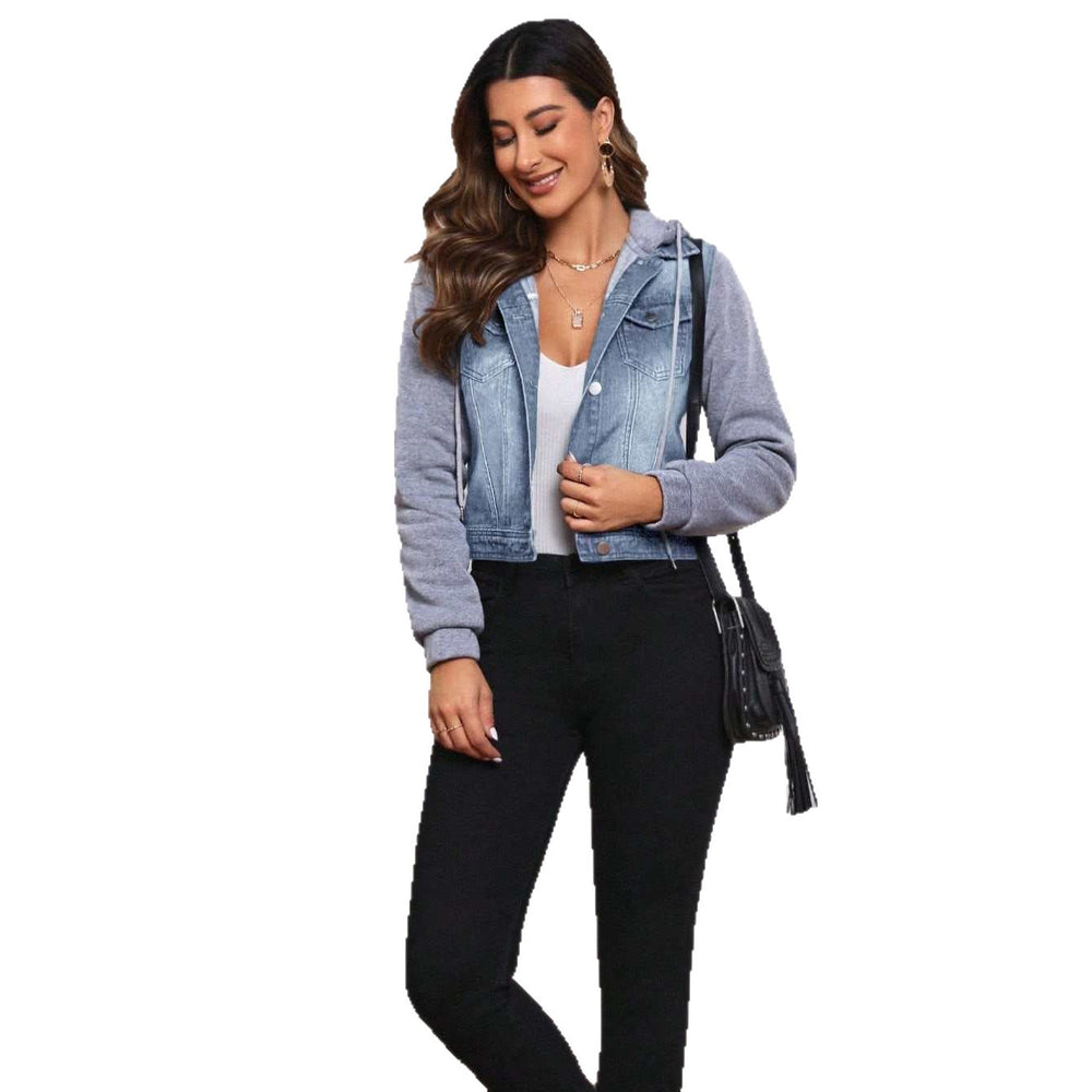 Amazon tiktok pinduoduo foreign trade cross-border fashion gray sweatshirt patchwork short hooded denim jacket