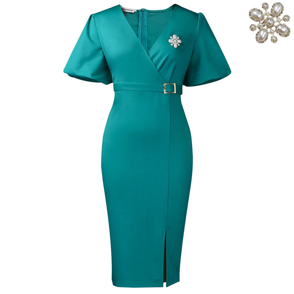 C8633 african foreign trade women's  lantern sleeve summer v-neck fashion bodycon slit midi dress