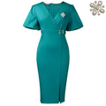 C8633 african foreign trade women's  lantern sleeve summer v-neck fashion bodycon slit midi dress