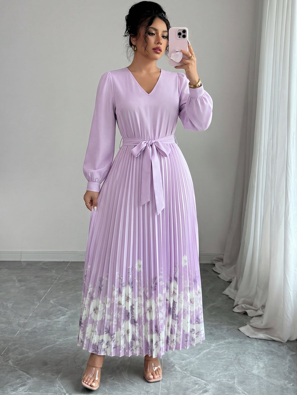 European and american cross-border women's summer  elegant halter neck tie waist floral print pleated maxi swing dress