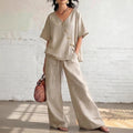 european and american cross-border women's fashion casual solid color v-neck loose short sleeve top and drawstring pants two-piece set