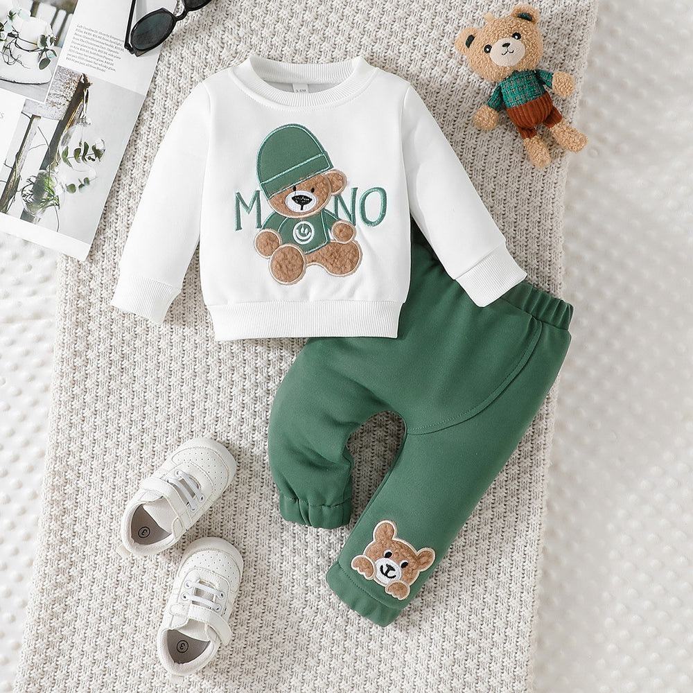 cross-border e-commerce children's wear: new autumn/winter cartoon letter hat bear embroidered hoodie and pants two-piece set
