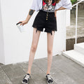 Wide-leg denim shorts for women, new summer korean style, fashionable ripped and frayed hem, washed high-waisted loose fit, chic shorts