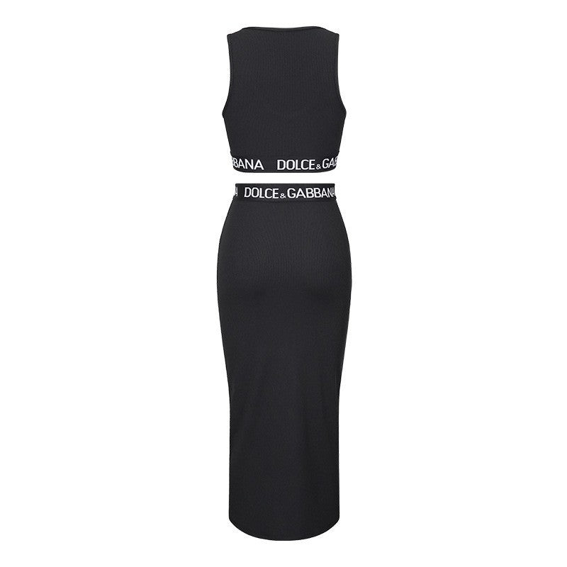 European and american summer new fashion casual tank top high waist bodycon maxi skirt letter print ribbon casual two-piece set for women
