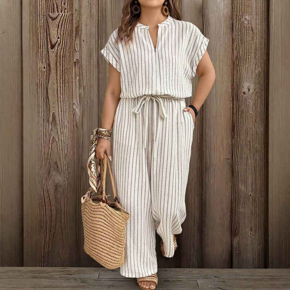 vacation striped plus size jumpsuit - front zipper, stand collar, drawstring waist, side pockets, loose wide leg