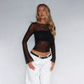 Fashion cross-border  summer new style round neck long sleeves mesh see-through waist tops bottom inner hot girl t-shirt