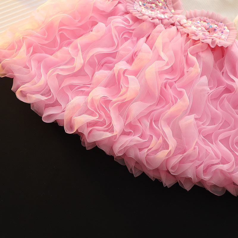 Girls' autumn dress - trendy tutu skirt, new  pink mesh round neck long sleeve princess style sweet dress
