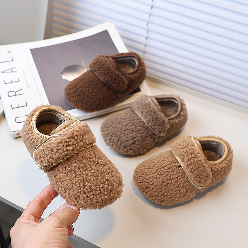 Vancahao girls' fall/winter fleece-lined lambswool outdoor cotton shoes,  new korean style cute fluffy shoes for kids