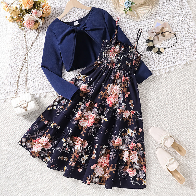 mid-to-large children's outfit: spring new arrivals - sweet floral print sundress with shawl set for girls (export quality)