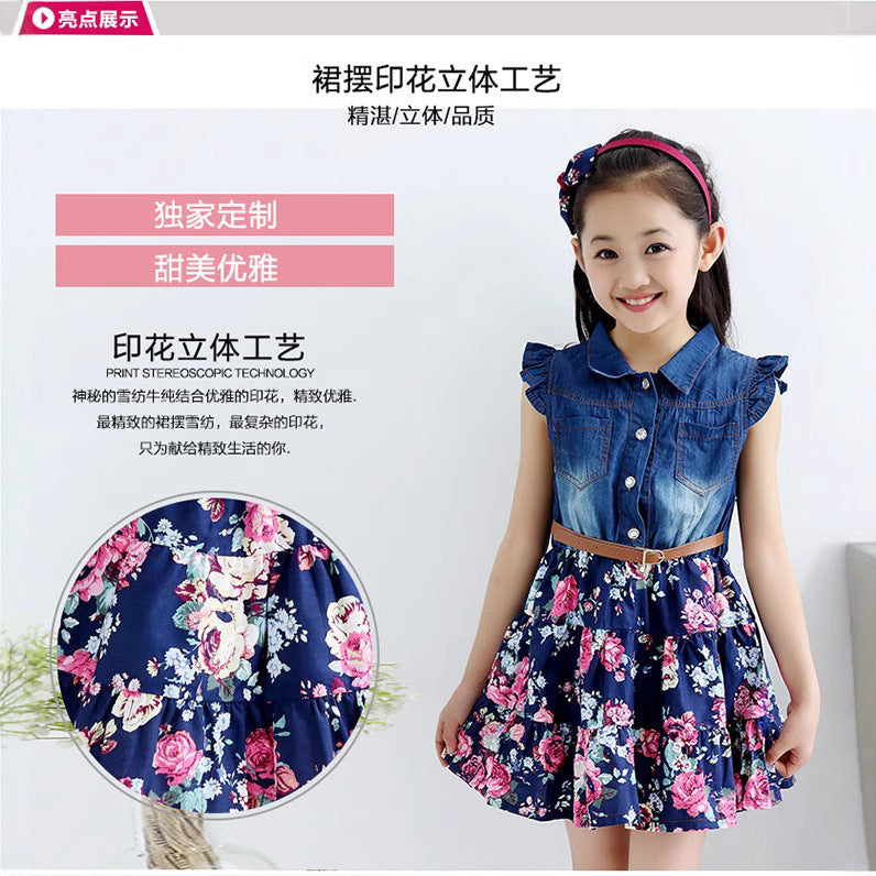 summer new girls' plus-size denim dress with large floral print and sand wash finish - direct from the manufacturer, dropshipping available