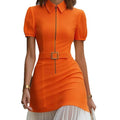 Amazon elegance contrast color polo collar short sleeve dress  summer new arrival slim slimming look short skirt