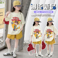Girl's influencer two-piece set:  new summer outfit, short sleeve top and shorts, trendy casual set for girls