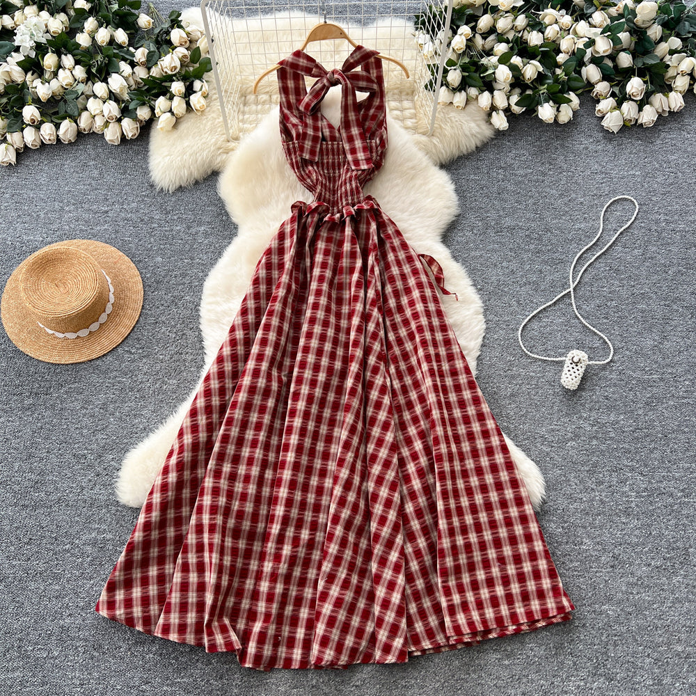French chic fairycore dress - women's summer 3d floral halter neck cami dress with cinched waist and elegant flared plaid maxi skirt
