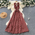 French chic fairycore dress - women's summer 3d floral halter neck cami dress with cinched waist and elegant flared plaid maxi skirt