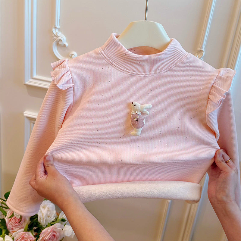 New autumn/winter korean style girls' fleece-lined thickened sweatshirt base layer long sleeve baby girl trendy kids' cotton clothing
