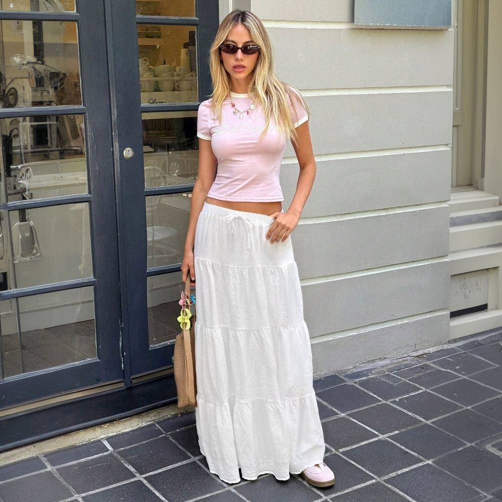 American white pleated drawstring sweet cake skirt half length skirt summernew arrivalexport women's fairy skirt