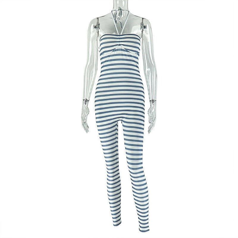 European and american style cross-border personalized striped women's printed halter neck bandeau jumpsuit sexy backless sporty long romper