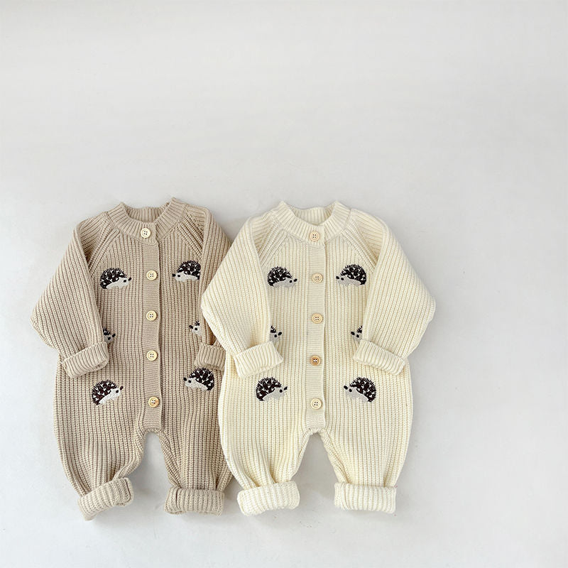 Baby fall and winter clothing one-piece clothes baby boy cartoon hedgehog knitting khaki girl thickenedsweateroutwear climbing suit