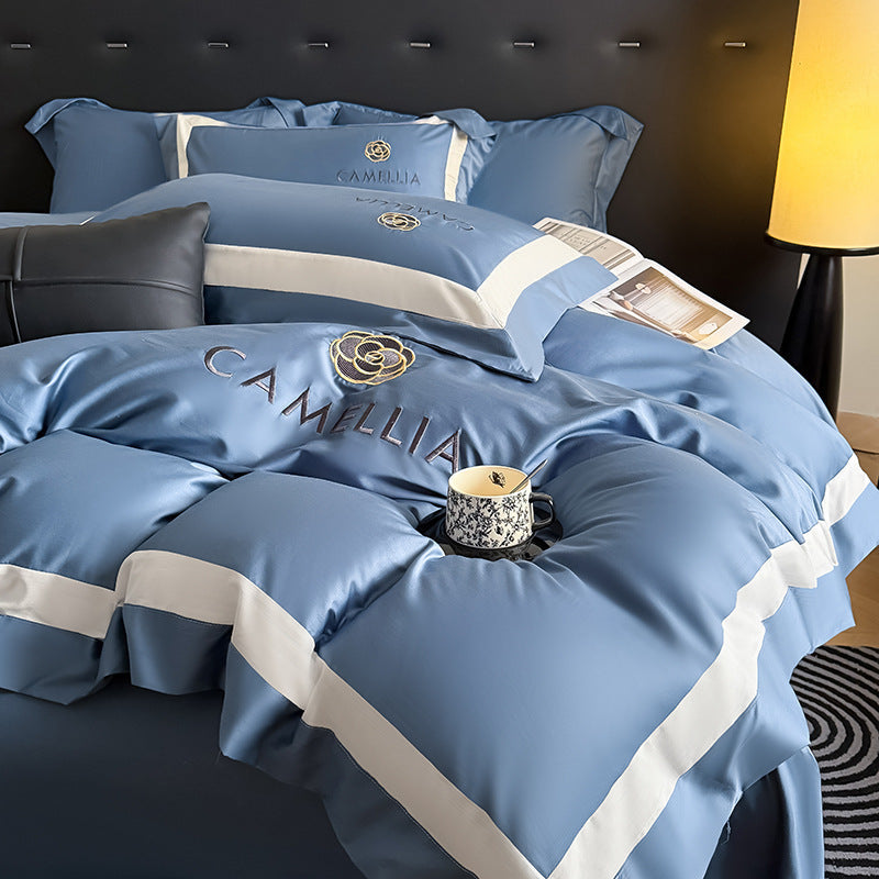 Solid color four-piece cotton light luxury high-end pure cotton quilt cover bed sheet villa model room master bedroom bedding