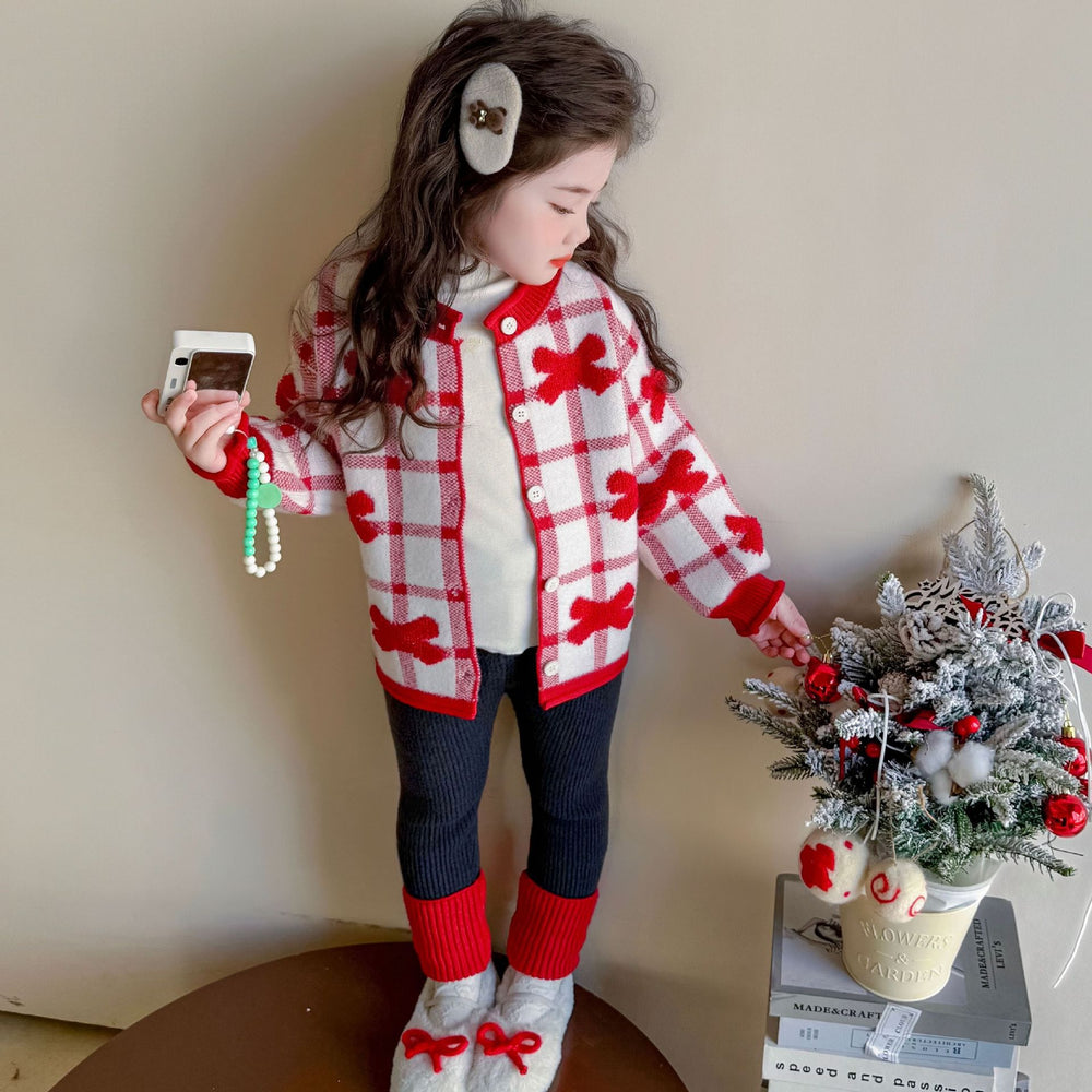 Girls' plaid knit cardigan with bow detail - new autumn/winter  collection - sweet, stylish, and versatile outerwear set