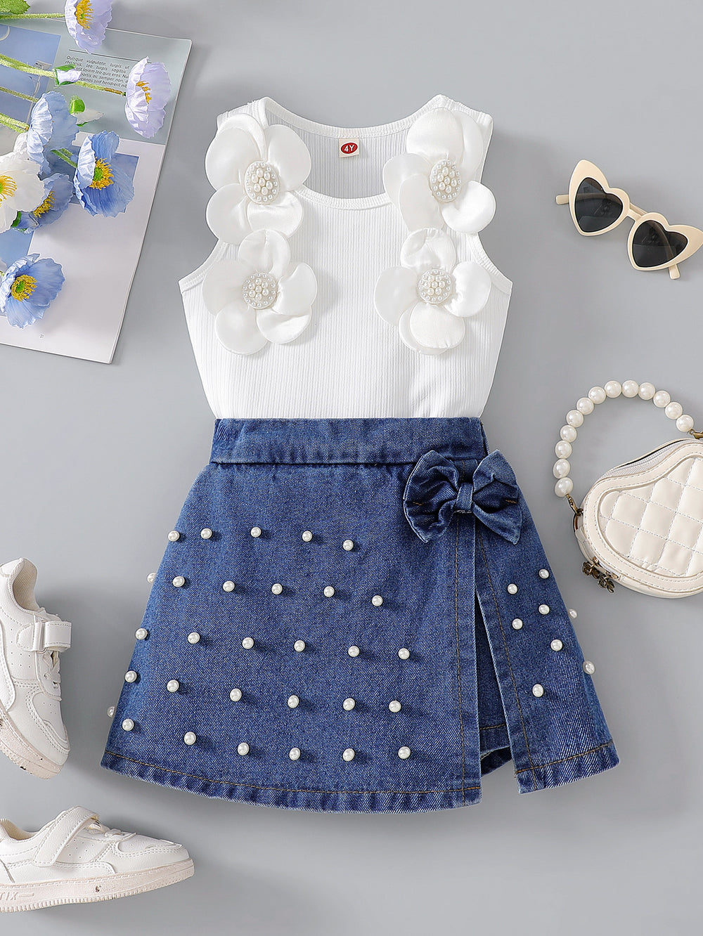 cross-border girls' fashion set: european & american style floral top + irregular bowknot beaded denim jeans