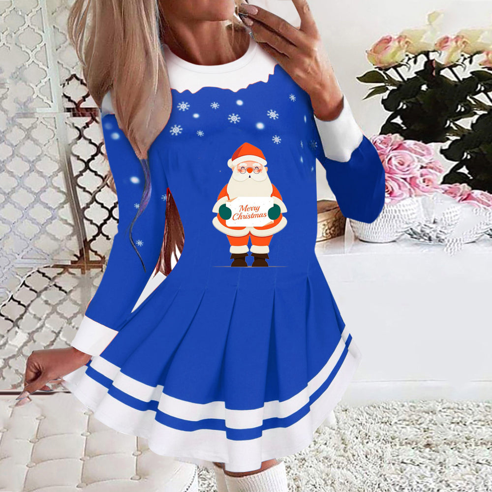 2025 european and american cross-border women's autumn/winter printed round neck long sleeve pleated party dress - european and american style
