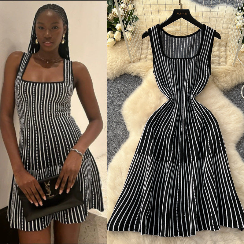 Classysense niche style square neck sleeveless stripesknittingdress women's summer waist slimming looka-line sweater vest dress
