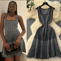 Classysense niche style square neck sleeveless stripesknittingdress women's summer waist slimming looka-line sweater vest dress