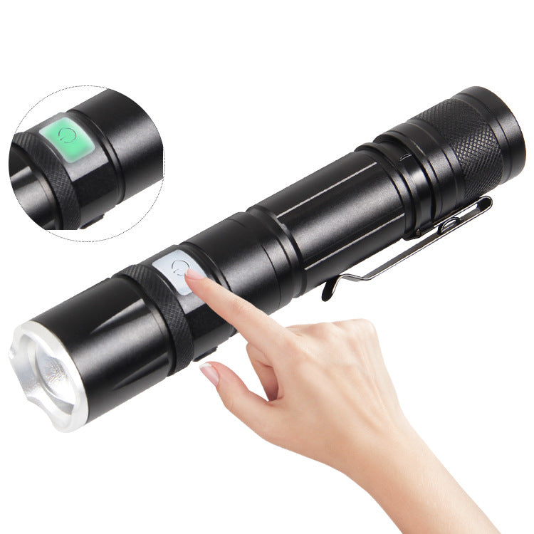 Cross-border new XHP50 strong light USB charging power display LED retractable zoom flashlight with pen buckle
