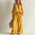 European and american cross-border e-commerce women's new bohemian style lace-trimmed v-neck top and wide-leg pants two-piece set