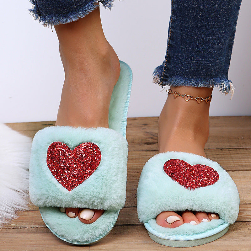 2024new arrival women's plus size fur slippers autumn winter one-piece flat heel open toe popularfashionheattech heart-shaped slippers