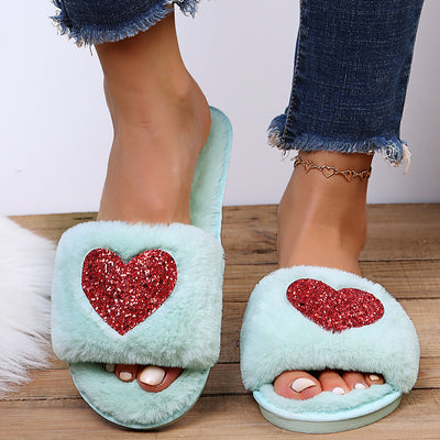 2024new arrival women's plus size fur slippers autumn winter one-piece flat heel open toe popularfashionheattech heart-shaped slippers