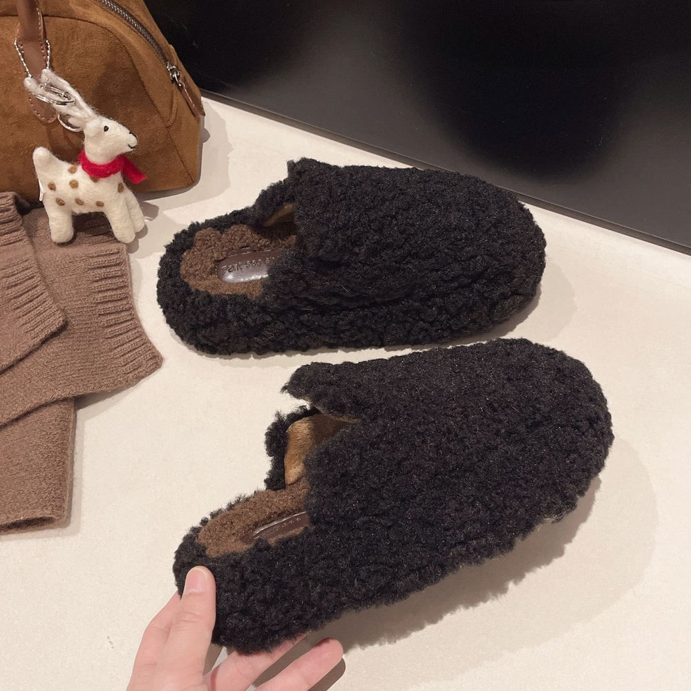 Influencer-approved lambswool slippers with closed toe - women's fall/winter outerwear, 2025 new collection, slip-on cotton slippers, flat sole