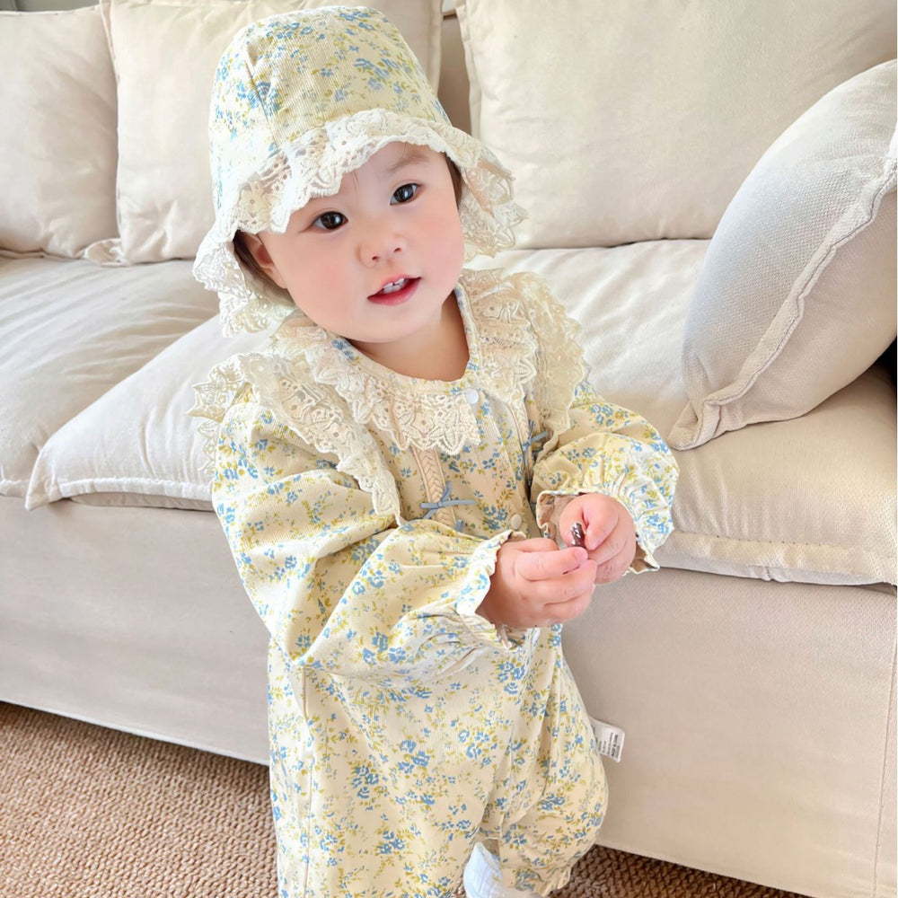 Fall/winter  country chic baby romper, class a floral print, fleece-lined, baby girl's crawling suit, long-sleeve, instagram-ready infant outfit