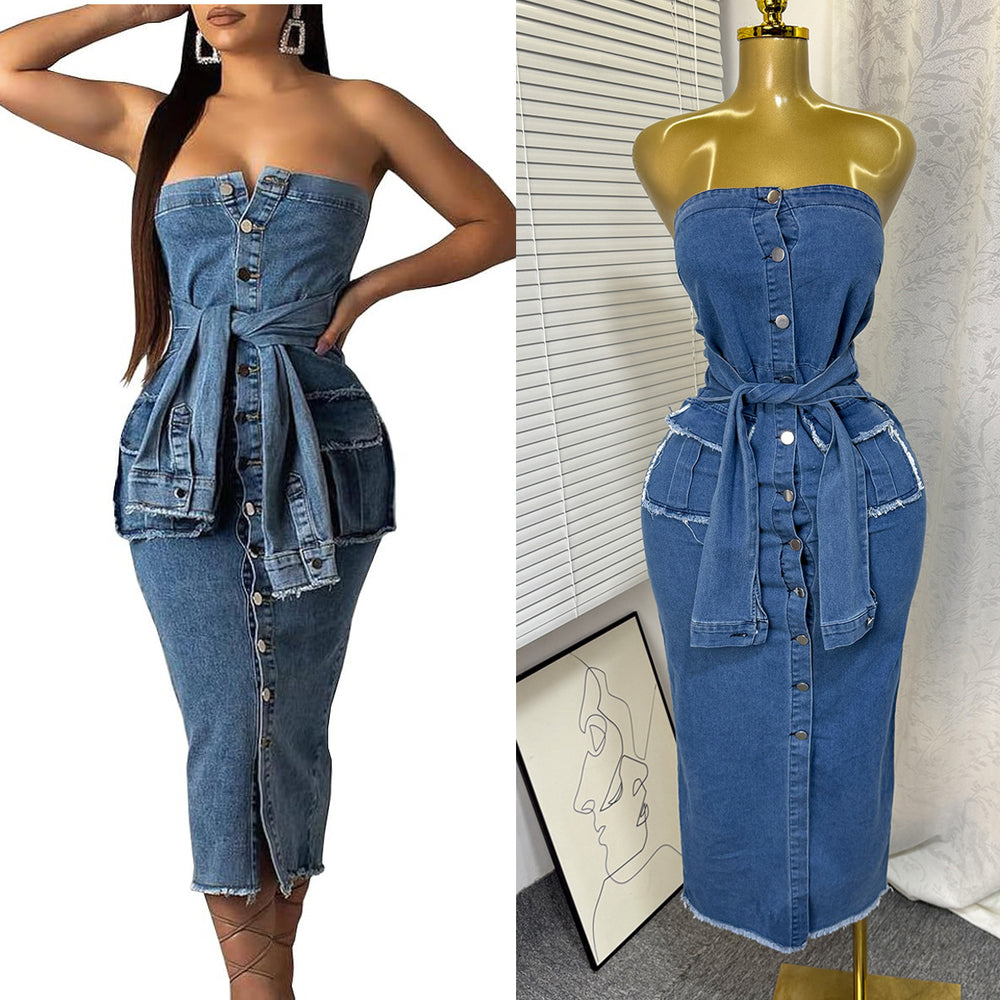 Summer american sexy bandeau single-breasted denim dress - raw hem, double pockets, tie-waist, bodycon mini dress