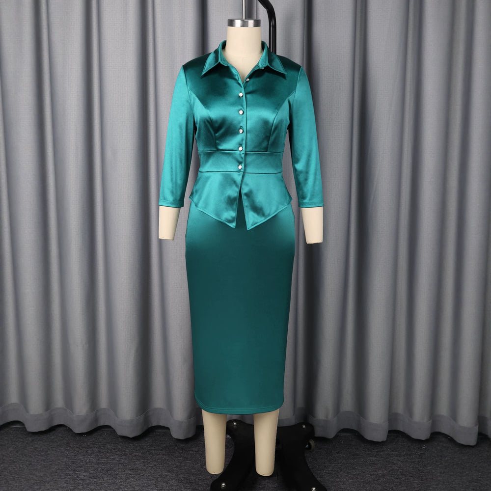 New arrivalelegancesatin skirt suit single-breasted silm waist bag hip dress two-piece settwo-piece set
